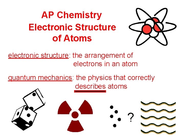 AP Chemistry Electronic Structure of Atoms electronic structure: the arrangement of electrons in an