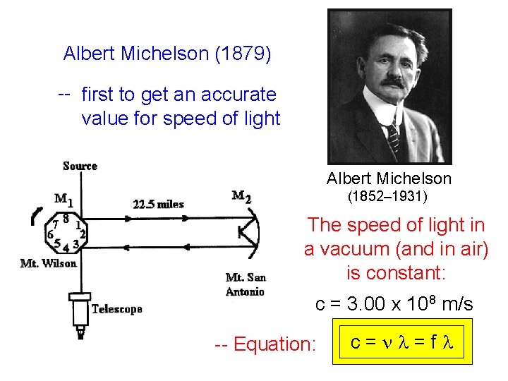 Albert Michelson (1879) -- first to get an accurate value for speed of light