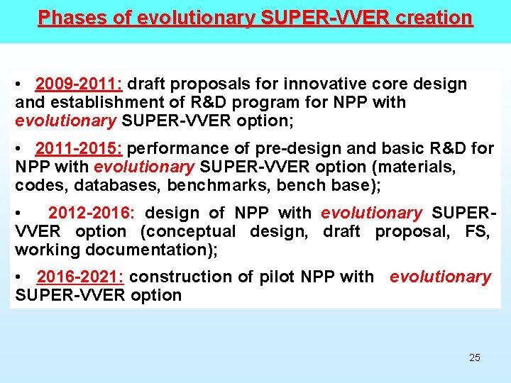 Phases of evolutionary SUPER-VVER creation • 2009 -2011: draft proposals for innovative core design