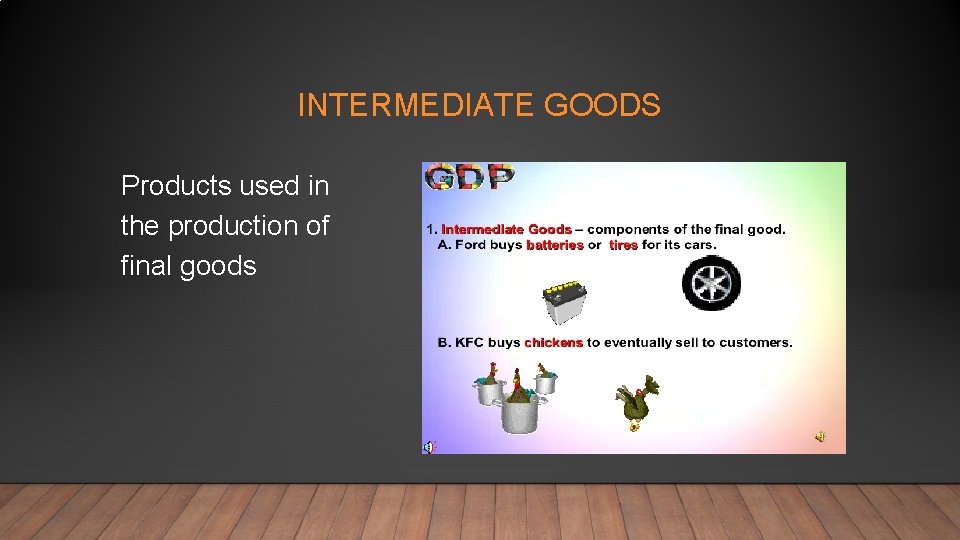 INTERMEDIATE GOODS Products used in the production of final goods 