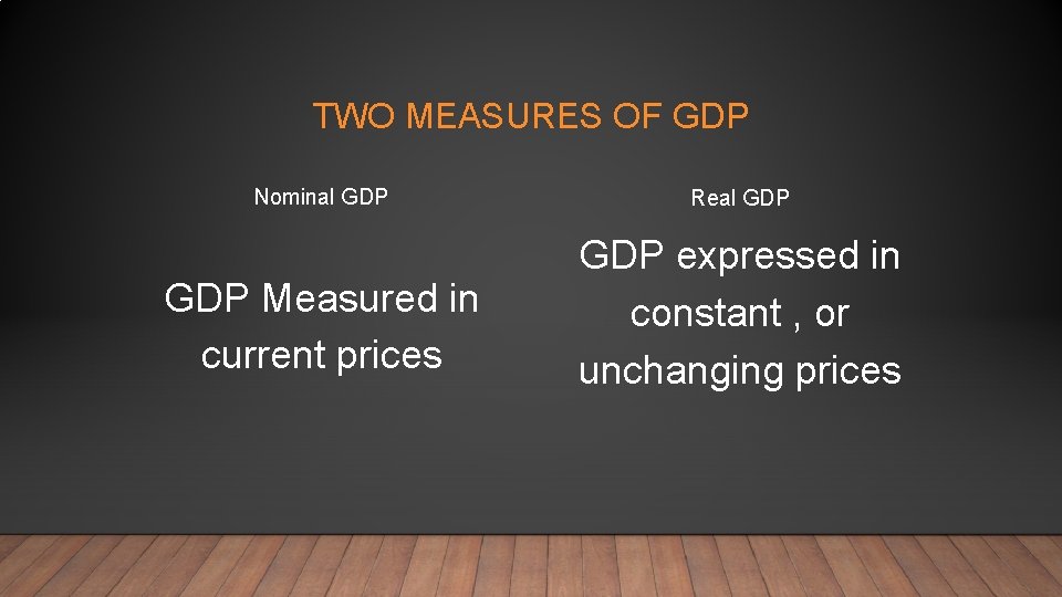 TWO MEASURES OF GDP Nominal GDP Measured in current prices Real GDP expressed in