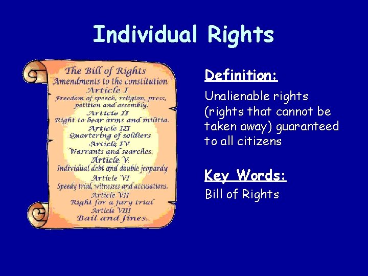 Individual Rights Definition: Unalienable rights (rights that cannot be taken away) guaranteed to all Individual Rights Definition: Unalienable rights (rights that cannot be taken away) guaranteed to all