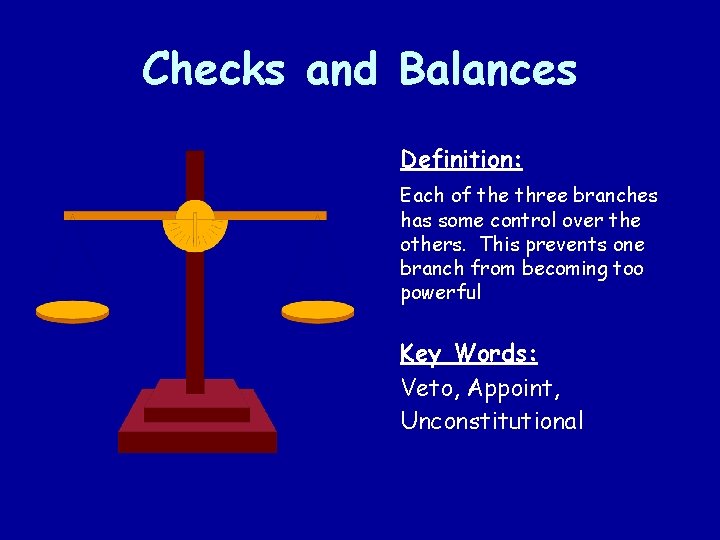 Checks and Balances Definition: Each of the three branches has some control over the Checks and Balances Definition: Each of the three branches has some control over the