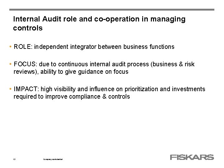 Internal Audit role and co-operation in managing controls • ROLE: independent integrator between business Internal Audit role and co-operation in managing controls • ROLE: independent integrator between business