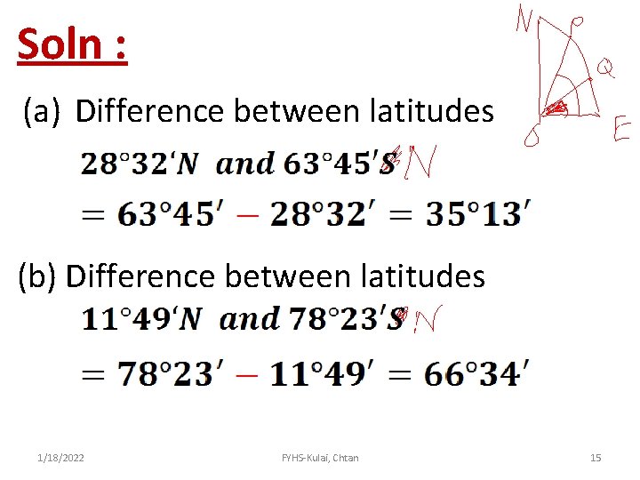 Soln : (a) Difference between latitudes (b) Difference between latitudes 1/18/2022 FYHS-Kulai, Chtan 15