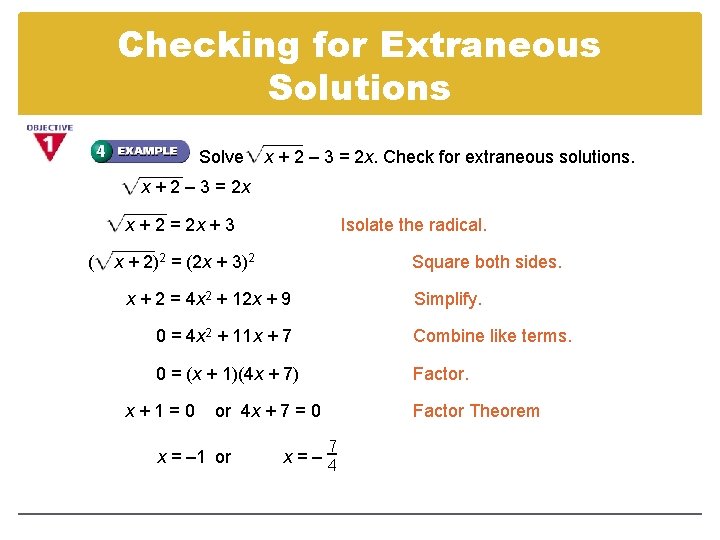 Checking for Extraneous Solutions Solve x + 2 – 3 = 2 x. Check