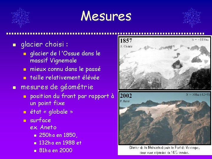 Mesures n glacier choisi : n n glacier de l ’Ossue dans le massif