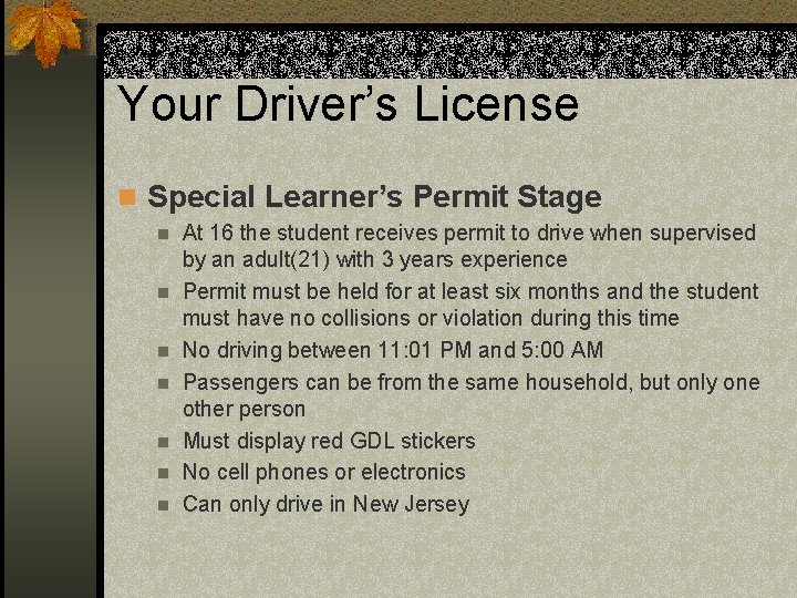 Your Driver’s License n Special Learner’s Permit Stage n n n n At 16