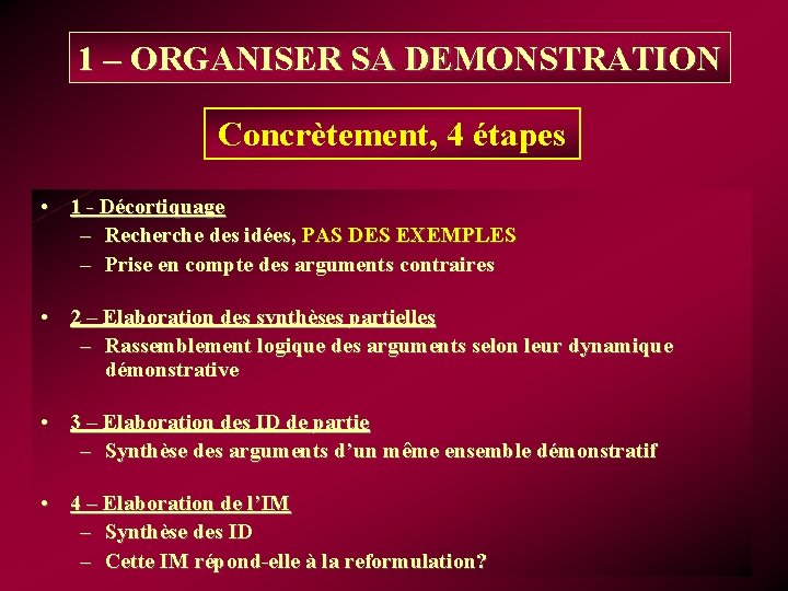 1 – ORGANISER SA DEMONSTRATION Concrètement, 4 étapes • 1 - Décortiquage – Recherche