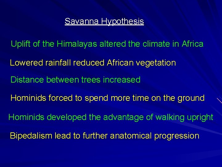 Savanna Hypothesis Uplift of the Himalayas altered the climate in Africa Lowered rainfall reduced