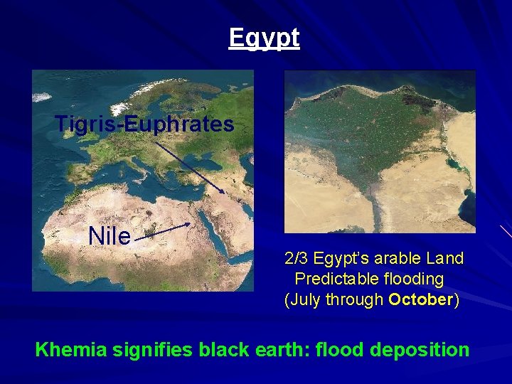 Egypt Tigris-Euphrates Nile 2/3 Egypt’s arable Land Predictable flooding (July through October) Khemia signifies