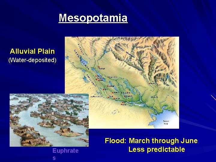 Mesopotamia Alluvial Plain (Water-deposited) Euphrate s Flood: March through June Less predictable 
