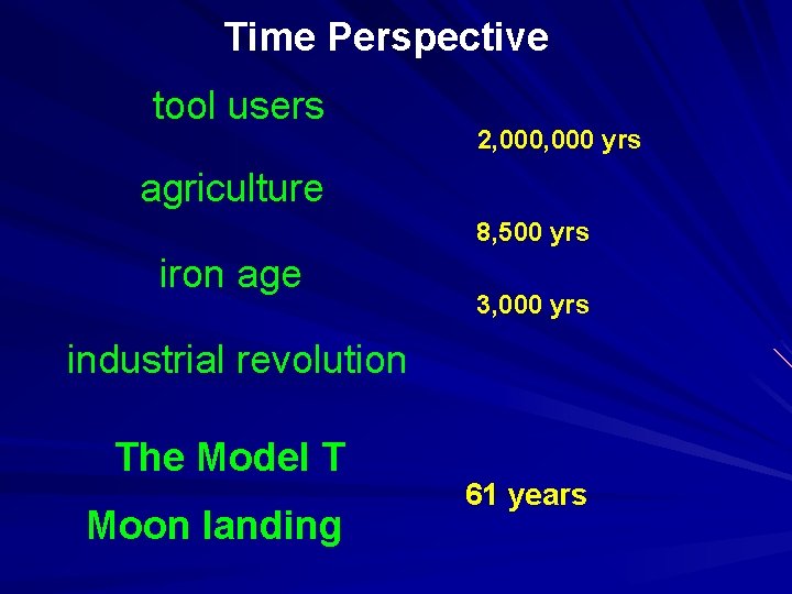 Time Perspective tool users 2, 000 yrs agriculture 8, 500 yrs iron age 3,