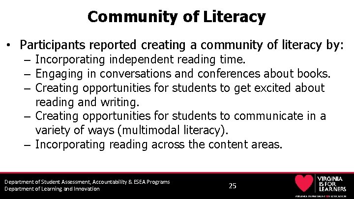 Community of Literacy • Participants reported creating a community of literacy by: – Incorporating