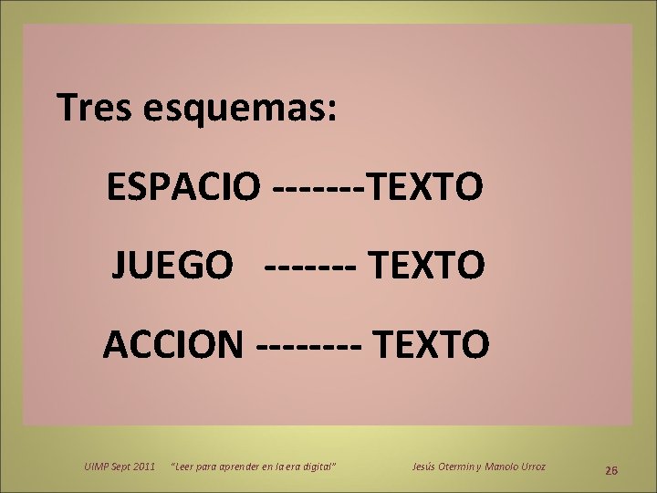 Tres esquemas: ESPACIO -------TEXTO JUEGO ------- TEXTO ACCION ---- TEXTO UIMP Sept 2011 “Leer