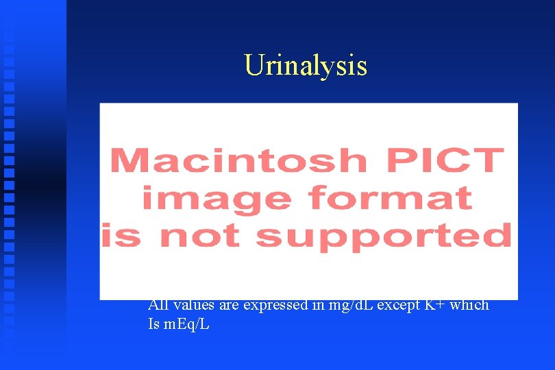 Urinalysis All values are expressed in mg/d. L except K+ which Is m. Eq/L