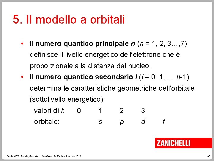 5. Il modello a orbitali • Il numero quantico principale n (n = 1,