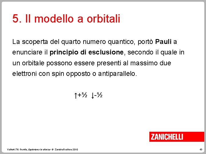 5. Il modello a orbitali La scoperta del quarto numero quantico, portò Pauli a