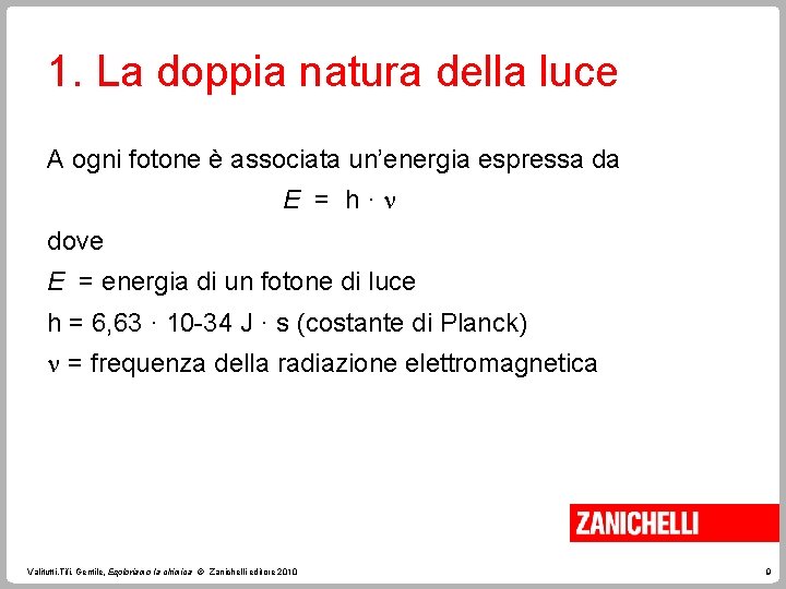 1. La doppia natura della luce A ogni fotone è associata un’energia espressa da