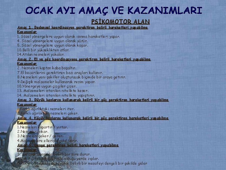 PSİKOMOTOR ALAN Amaç 1. Bedensel koordinasyon gerektiren belirli hareketleri yapabilme Kazanımlar 1. Sözel yönergelere PSİKOMOTOR ALAN Amaç 1. Bedensel koordinasyon gerektiren belirli hareketleri yapabilme Kazanımlar 1. Sözel yönergelere