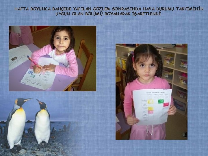 HAFTA BOYUNCA BAHÇEDE YAPILAN GÖZLEM SONRASINDA HAVA DURUMU TAKVİMİNİN UYGUN OLAN BÖLÜMÜ BOYANARAK İŞARETLENDİ. HAFTA BOYUNCA BAHÇEDE YAPILAN GÖZLEM SONRASINDA HAVA DURUMU TAKVİMİNİN UYGUN OLAN BÖLÜMÜ BOYANARAK İŞARETLENDİ.