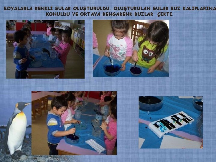 BOYALARLA RENKLİ SULAR OLUŞTURULDU. OLUŞTURULAN SULAR BUZ KALIPLARINA KONULDU VE ORTAYA RENGARENK BUZLAR ÇIKTI. BOYALARLA RENKLİ SULAR OLUŞTURULDU. OLUŞTURULAN SULAR BUZ KALIPLARINA KONULDU VE ORTAYA RENGARENK BUZLAR ÇIKTI.