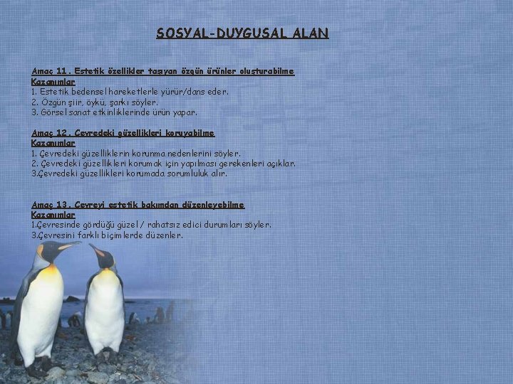 SOSYAL-DUYGUSAL ALAN Amaç 11. Estetik özellikler taşıyan özgün ürünler oluşturabilme Kazanımlar 1. Estetik bedensel SOSYAL-DUYGUSAL ALAN Amaç 11. Estetik özellikler taşıyan özgün ürünler oluşturabilme Kazanımlar 1. Estetik bedensel