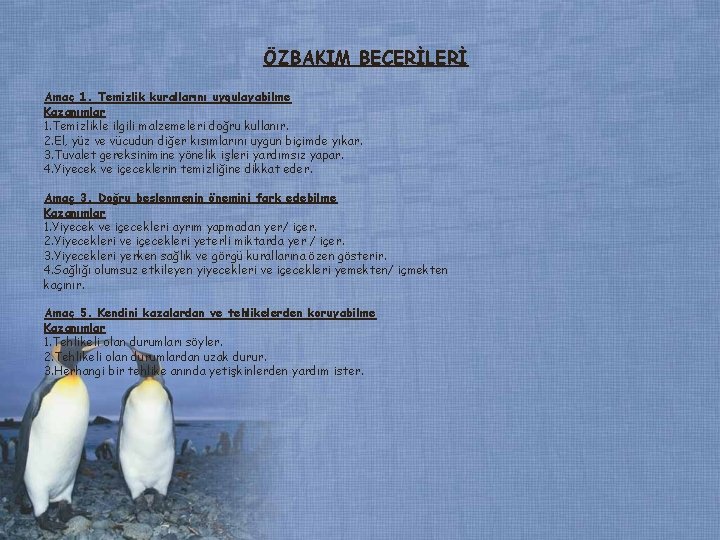 ÖZBAKIM BECERİLERİ Amaç 1. Temizlik kurallarını uygulayabilme Kazanımlar 1. Temizlikle ilgili malzemeleri doğru kullanır. ÖZBAKIM BECERİLERİ Amaç 1. Temizlik kurallarını uygulayabilme Kazanımlar 1. Temizlikle ilgili malzemeleri doğru kullanır.