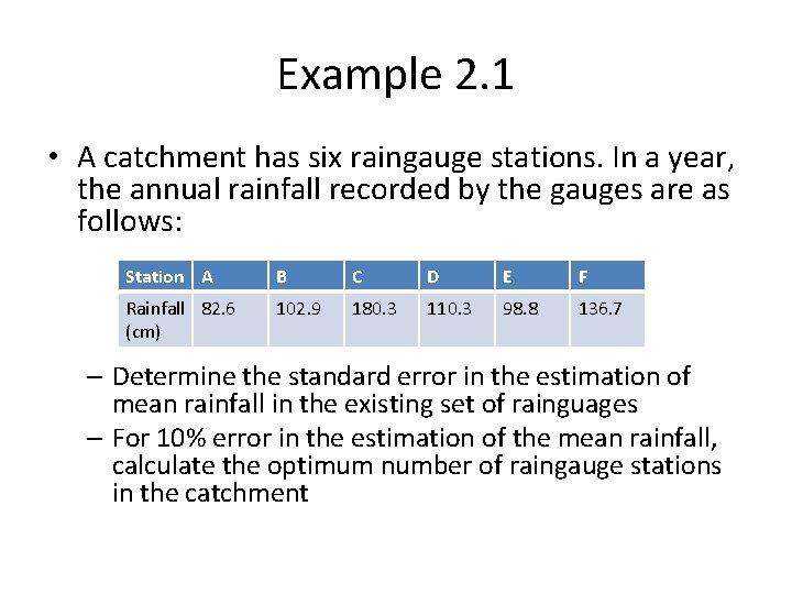 Example 2. 1 • A catchment has six raingauge stations. In a year, the Example 2. 1 • A catchment has six raingauge stations. In a year, the