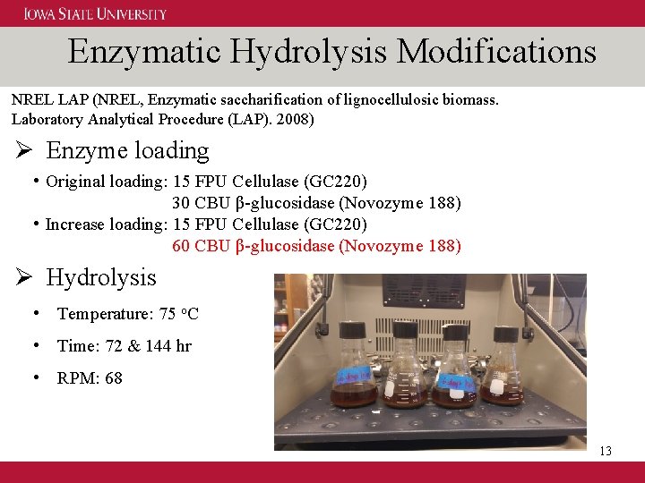 Enzymatic Hydrolysis Modifications NREL LAP (NREL, Enzymatic saccharification of lignocellulosic biomass. Laboratory Analytical Procedure
