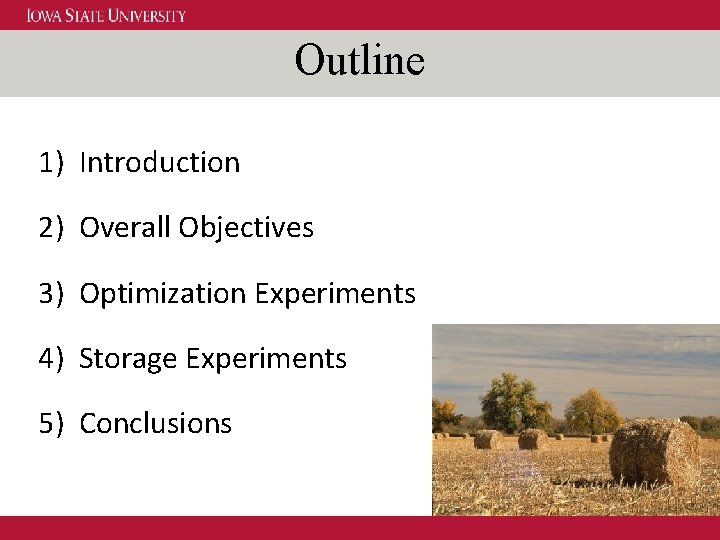Outline 1) Introduction 2) Overall Objectives 3) Optimization Experiments 4) Storage Experiments 5) Conclusions