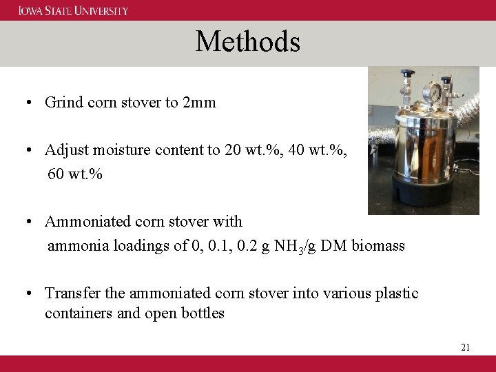 Methods • Grind corn stover to 2 mm • Adjust moisture content to 20