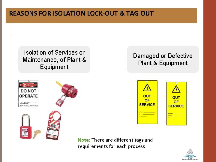 REASONS FOR ISOLATION LOCK-OUT & TAG OUT. Isolation of Services or Maintenance, of Plant
