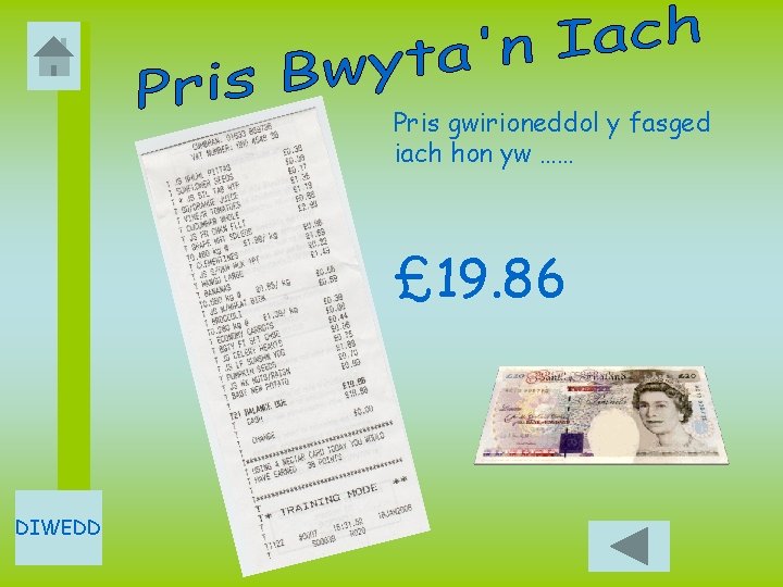 Pris gwirioneddol y fasged iach hon yw …… £ 19. 86 DIWEDD 