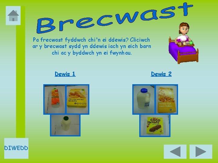 Pa frecwast fyddwch chi'n ei ddewis? Cliciwch ar y brecwast sydd yn ddewis iach