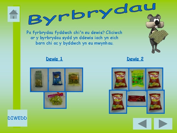 Pa fyrbrydau fyddwch chi'n eu dewis? Cliciwch ar y byrbrydau sydd yn ddewis iach