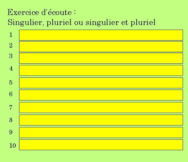 Exercice d’écoute : Singulier, pluriel ou singulier et pluriel 1 Dans le pré je