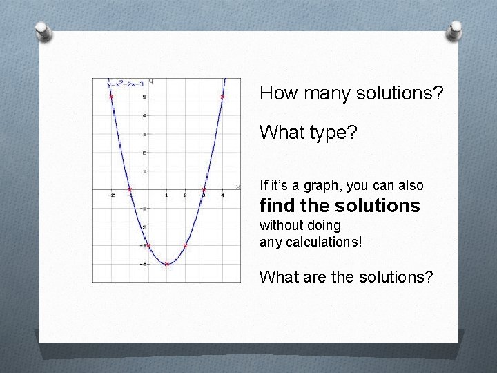 How many solutions? What type? If it’s a graph, you can also find the