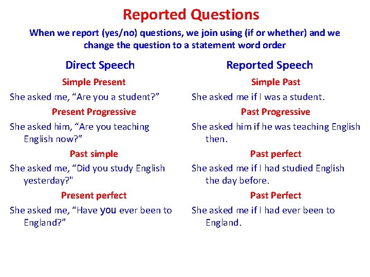 Reported Questions When we report (yes/no) questions, we join using (if or whether) and Reported Questions When we report (yes/no) questions, we join using (if or whether) and