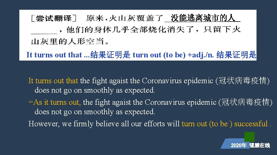 没能逃离城市的人 It turns out that. . . 结果证明是 turn out (to be) +adj. /n.