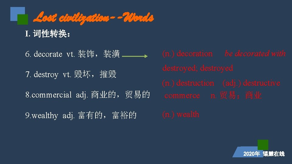 Lost civilization--Words I. 词性转换： 6. decorate vt. 装饰，装潢 7. destroy vt. 毁坏，摧毁 (n. )