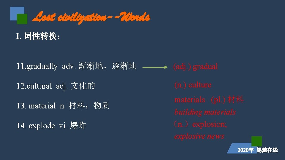 Lost civilization--Words I. 词性转换： 11. gradually adv. 渐渐地，逐渐地 (adj. ) gradual 12. cultural adj.