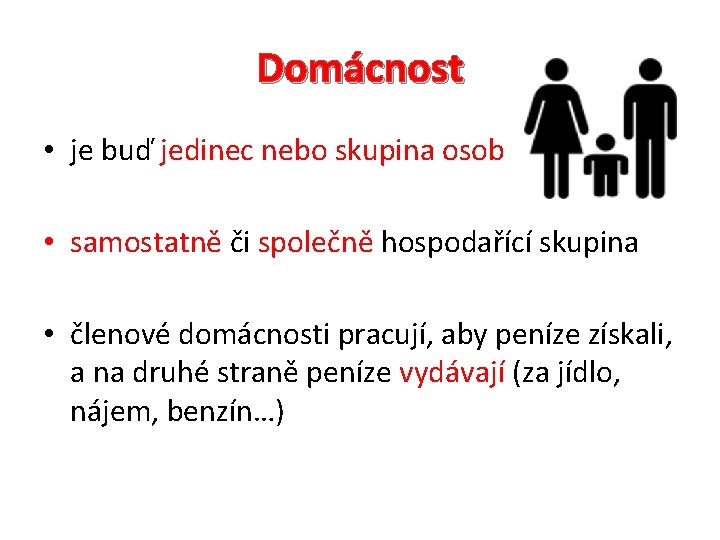 Domácnost • je buď jedinec nebo skupina osob • samostatně či společně hospodařící skupina