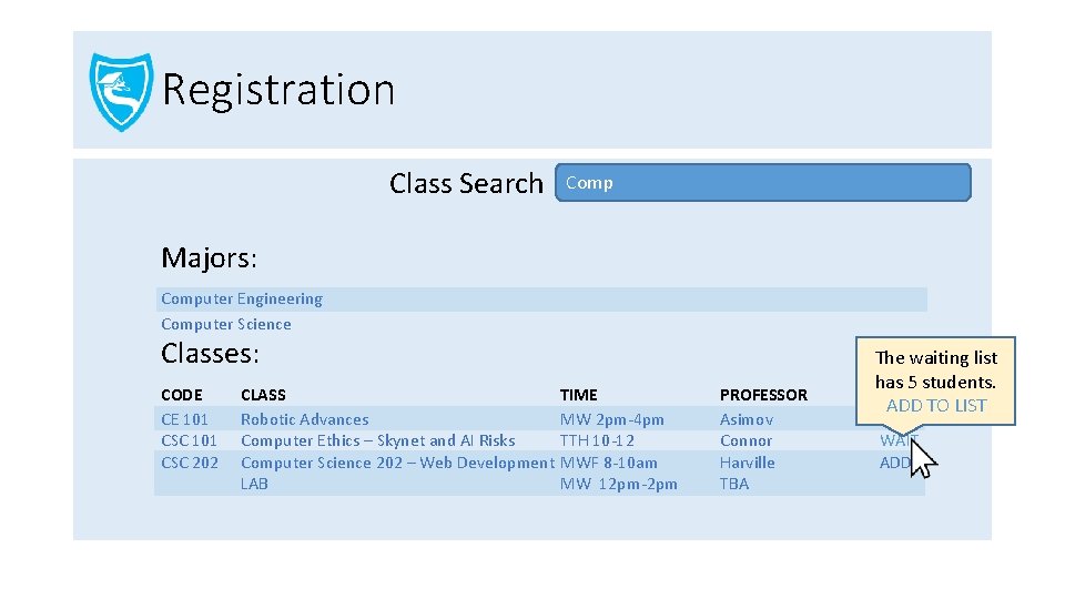 Registration Class Search Comp Majors: Computer Engineering Computer Science Classes: CODE CE 101 CSC
