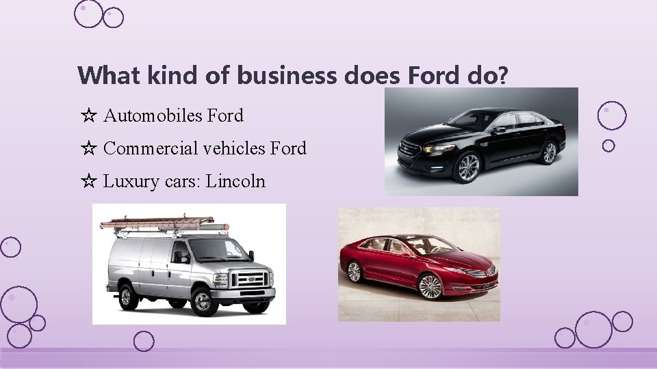 What kind of business does Ford do? ☆ Automobiles Ford ☆ Commercial vehicles Ford