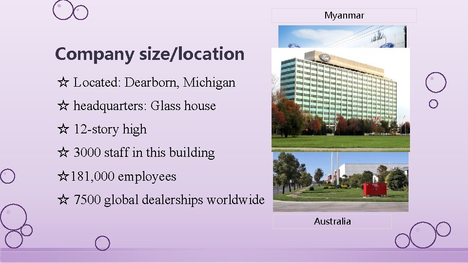 Myanmar Company size/location ☆ Located: Dearborn, Michigan ☆ headquarters: Glass house ☆ 12 -story