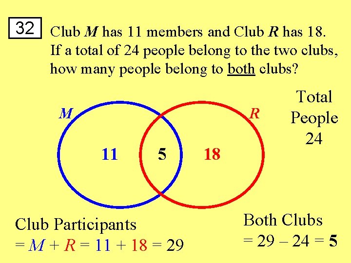 32 Club M has 11 members and Club R has 18. If a total