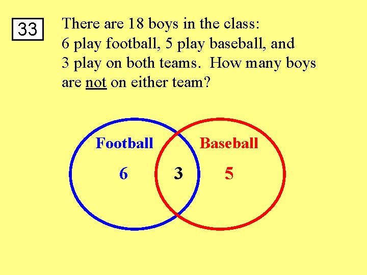 33 There are 18 boys in the class: 6 play football, 5 play baseball,