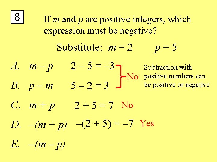 8 If m and p are positive integers, which expression must be negative? Substitute: