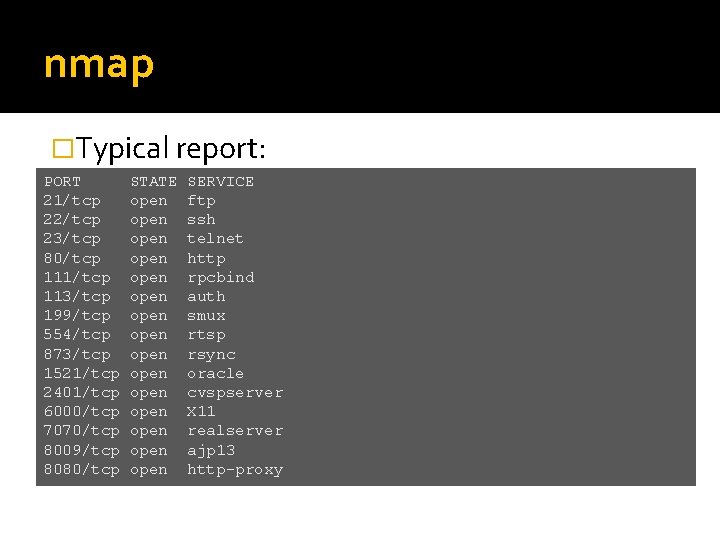 nmap �Typical report: PORT 21/tcp 22/tcp 23/tcp 80/tcp 111/tcp 113/tcp 199/tcp 554/tcp 873/tcp 1521/tcp